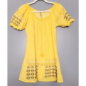 Ellison Yellow Short Sleeve Round Neck Cotton Embroidered Shift Dress Size S
